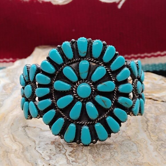 Vtg Native Michael Mendoza Zuni Needlepoint Turquoise Cluster Cuff Bracelet - Picture 4 of 11